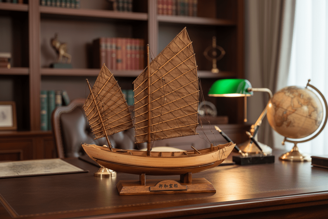 Handcrafted Chinese junk ship model in natural hardwood on a dark walnut display stand — Ocean Relic Studio