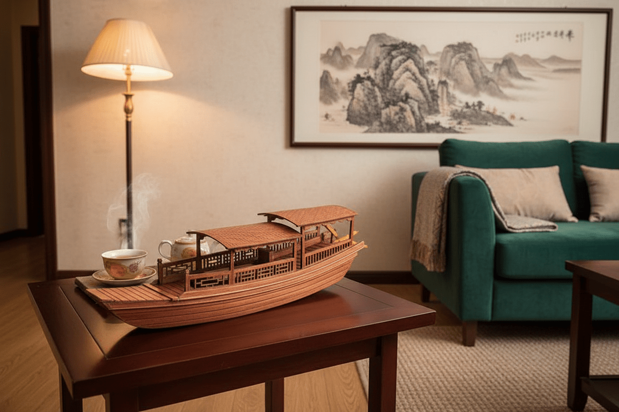 Handcrafted Chinese junk ship model styled on a dark wood desk with antique map and warm directional lighting — Ocean Relic Studio