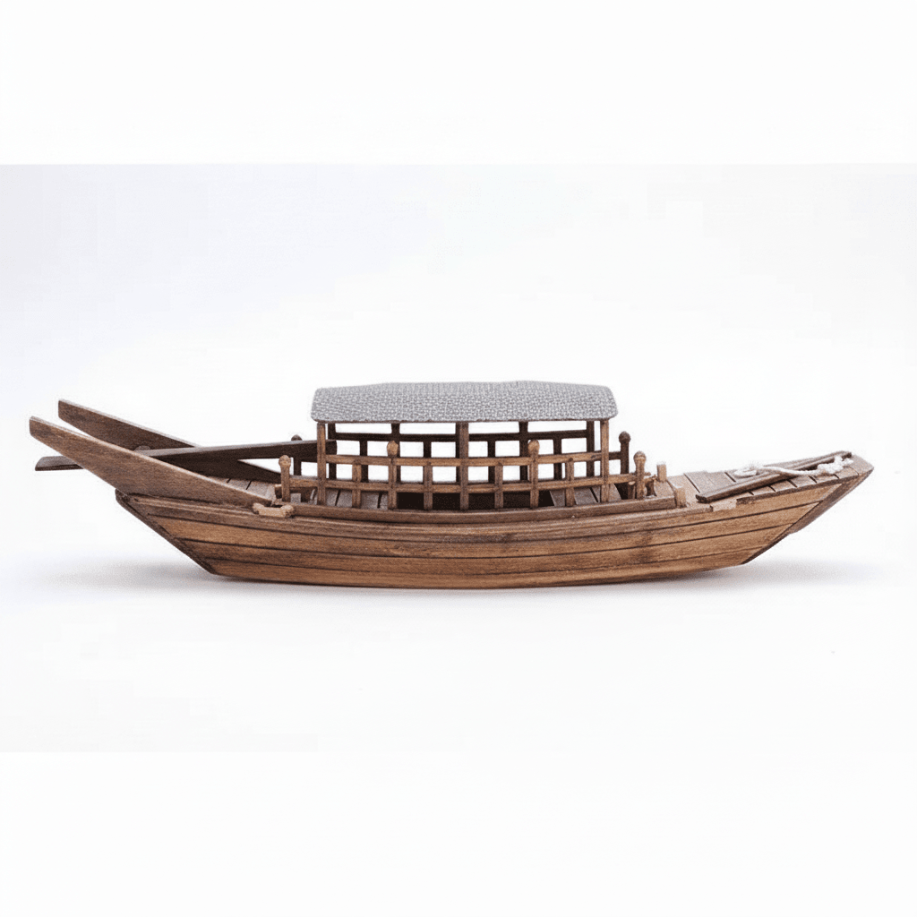 Handcrafted Chinese river junk model with straw cabin on a dark wood display stand — Ocean Relic Studio