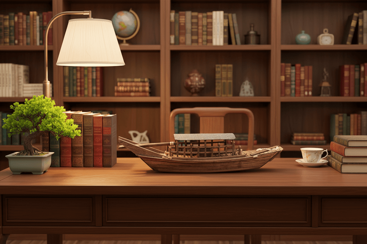 Handcrafted Chinese junk ship model inspired by Zheng He's Ming dynasty treasure fleet, made in the Zhoushan workshop tradition — Ocean Relic Studio