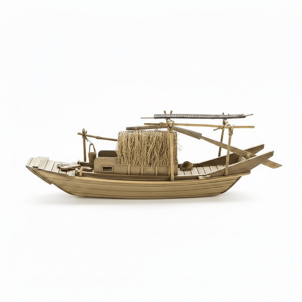 Handcrafted Chinese Fu Chuan junk ship model in rosewood, presented on a dark walnut display stand — Ocean Relic Studio