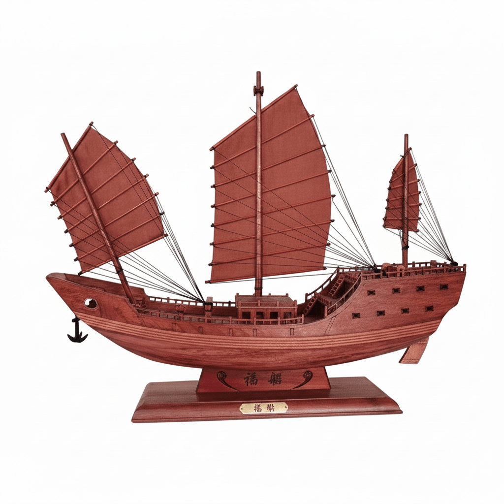 Handcrafted Chinese Fu Chuan junk ship model in rosewood on a dark wood display stand — a considered gift for collectors and history enthusiasts