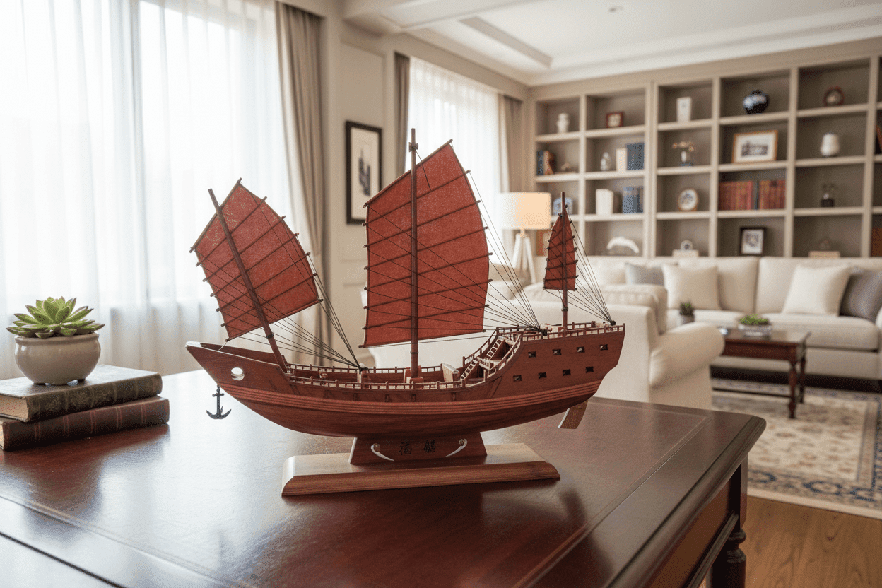 Handcrafted Chinese ocean-going sailing junk model with battened sails, made in the Zhoushan workshop tradition — Ocean Relic Studio
