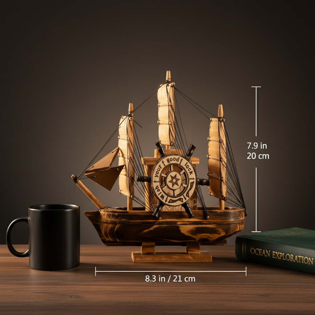 Wooden sailboat model size comparison — 8.3 in long × 7.9 in tall (21 cm × 20 cm), shown next to a hardcover book and coffee mug for scale