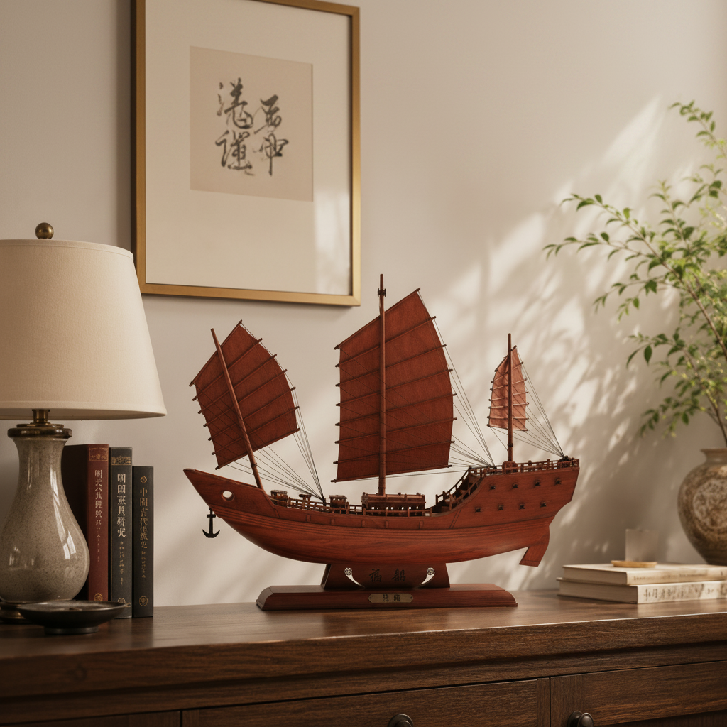 Chinese Fu Chuan warship model displayed on a dark walnut sideboard with ceramic lamp, Chinese books, and green plant in warm afternoon light