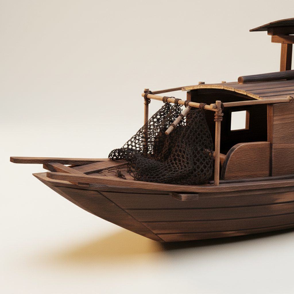 Primer plano del modelo chino de barco pesquero, mostrando textura de red de pesca anudada a mano, construcción de la barandilla de proa, uniones de la estructura de bambú con amarres, detalle del borde del techo plano y artesanía de la tablazón del casco de madera oscura envejecida