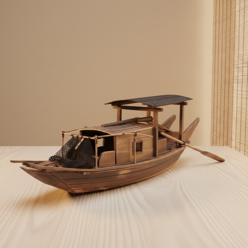 Handcrafted Chinese fishing boat model displayed on a light stone surface with bamboo blind filtering soft side light, dark aged wood hull, bamboo pole frame with flat canopy roof, hand-knotted fishing net at bow, large wooden oar at stern