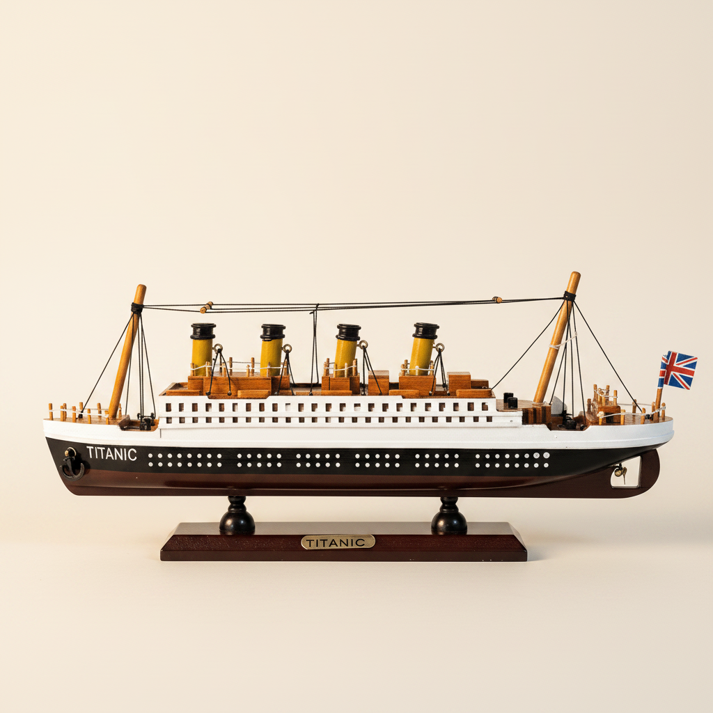 Modelo de madera del RMS Titanic en vista lateral exacta, con silueta completa, casco negro con letras TITANIC y puntos blancos de ojos de buey, cubierta superior blanca, cuatro chimeneas amarillas con tapas negras, dos mástiles de madera con jarcia de alambre, bandera Union Jack en popa y base de exhibición de madera oscura con patas esféricas negras sobre fondo blanco crema