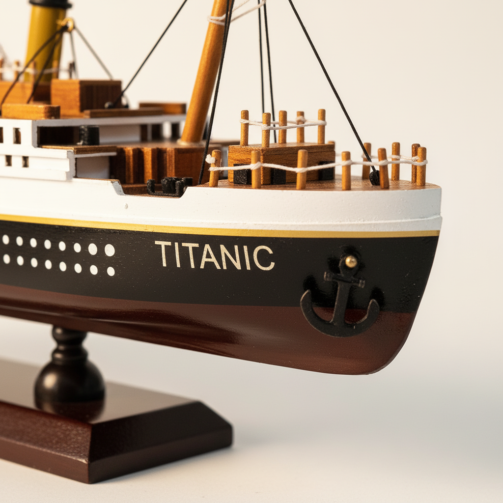 Primer plano del modelo de madera del RMS Titanic, mostrando cuatro chimeneas amarillas con tapas negras, jarcia negra de alambre entre los mástiles, barandillas blancas de cubierta superior y calidad de construcción artesanal en madera
