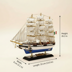 Product dimension diagram of Italian Confection tall ship wooden model – Length 33 cm (13.0 in), Width 8 cm (3.1 in), Height 26 cm (10.2 in), front 3/4 angle on cream background with dimension annotations