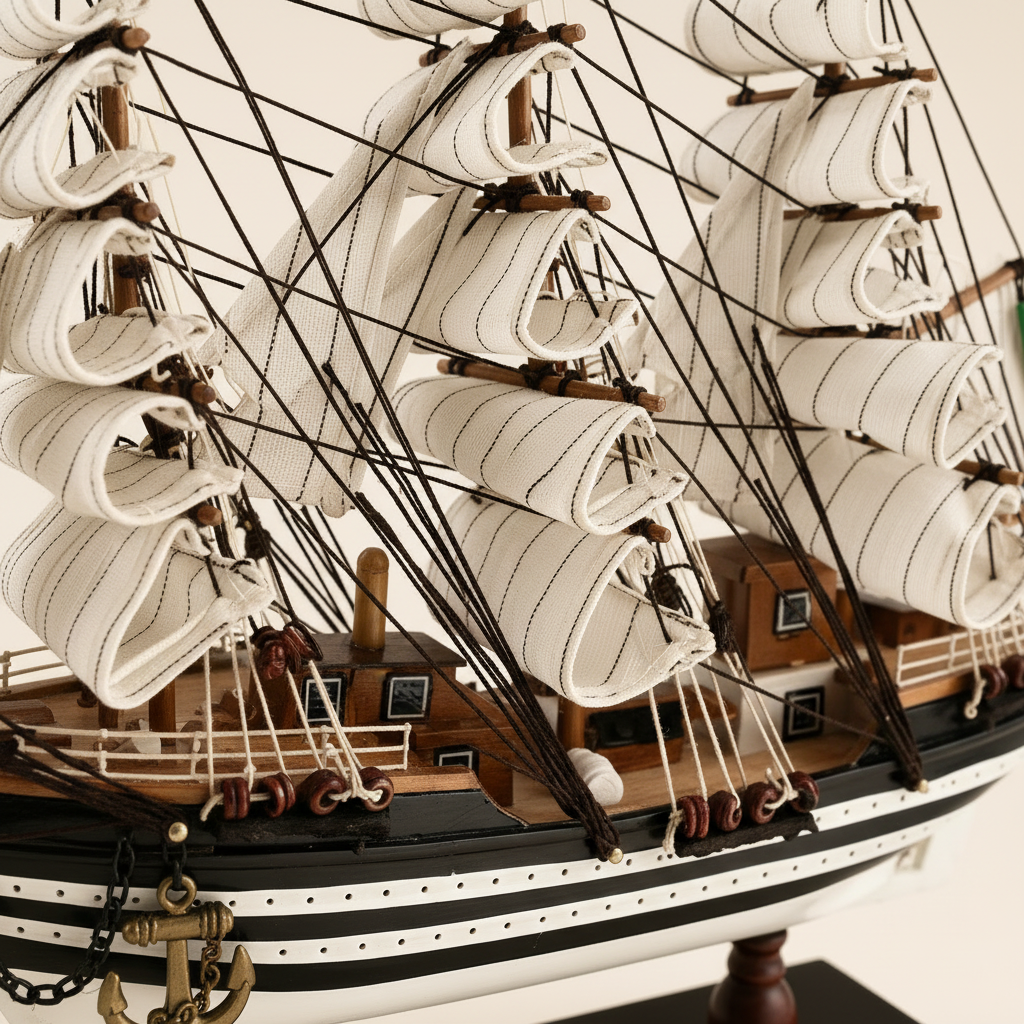 Close-up detail of Amerigo Vespucci Italian Navy tall ship wooden model showing dense black rope rigging knots, white square-rigged sail texture, wooden yard arms, black-and-white striped hull with white dot trim, and gold AMERIGO VESPUCCI nameplate on black display base