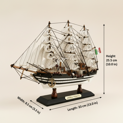 Product dimension diagram of Amerigo Vespucci Italian Navy tall ship wooden model – Length 33 cm (13.0 in), Width 8.5 cm (3.3 in), Height 25.5 cm (10.0 in), front 3/4 angle on cream background with dimension annotations