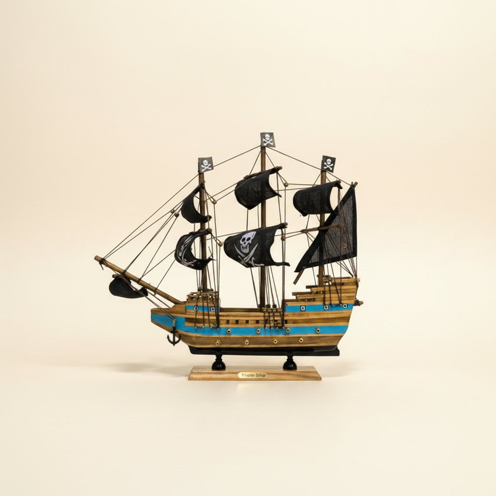 Modello in legno di nave pirata, vista laterale, con tre alberi, vele nere con teschio, scafo a righe blu e base nera