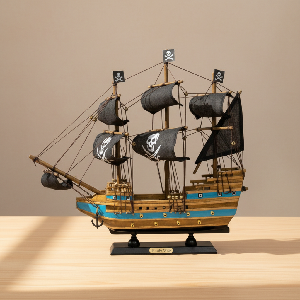 Modello in legno di nave pirata esposto su una scrivania in legno, con tre alberi, vele nere con teschio, scafo a righe blu e base nera