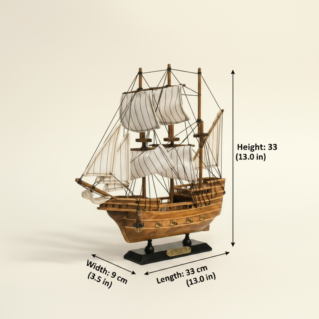 Product dimension diagram of Mayflower wooden ship model – Length 33 cm (13.0 in), Width 9 cm (3.5 in), Height 33 cm (13.0 in), front 3/4 angle on cream background with dimension annotations