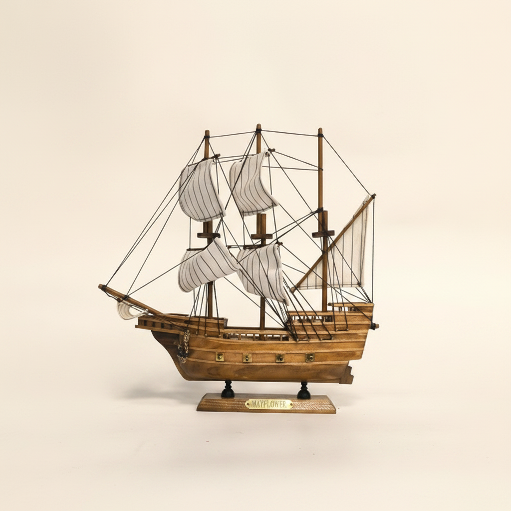 Side profile of Mayflower wooden ship model on cream background, showing complete three-mast silhouette with full white striped sails, rope rigging, warm walnut-tone planked hull with brass cannon port fittings, and wooden display base with gold Mayflower nameplate – 33 cm