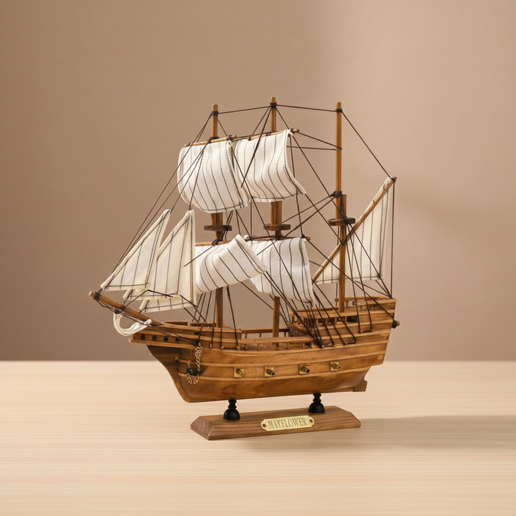 Mayflower wooden ship model displayed on a light surface in a warm home setting, front 3/4 angle, showing three masts with full white striped sails, rope rigging, warm walnut-tone planked hull with brass cannon port fittings, and wooden display base with gold Mayflower nameplate – 33 cm handcrafted ship model