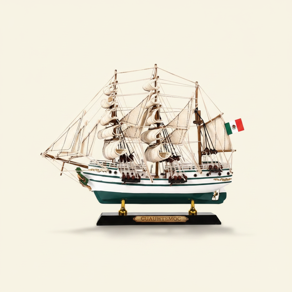 Side profile of Cuauhtémoc Mexican Navy tall ship wooden model on cream background, showing complete three-mast silhouette with full white square-rigged sails, rope rigging, white hull with teal-green waterline, Mexican flag at stern, and black display base with gold Cuauhtemoc nameplate – 33 cm