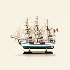 Side profile of Cuauhtémoc Mexican Navy tall ship wooden model on cream background, showing complete three-mast silhouette with full white square-rigged sails, rope rigging, white hull with teal-green waterline, Mexican flag at stern, and black display base with gold Cuauhtemoc nameplate – 33 cm