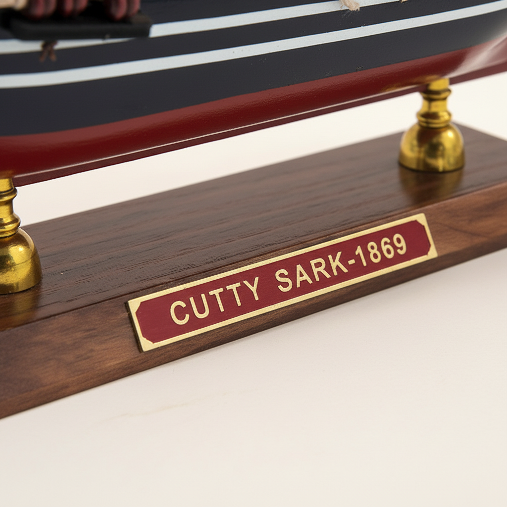 Modello in legno del clipper britannico Cutty Sark 1869, dettaglio ravvicinato, con tre alberi, vele quadre bianche, scafo blu navy e bandiera Union Jack