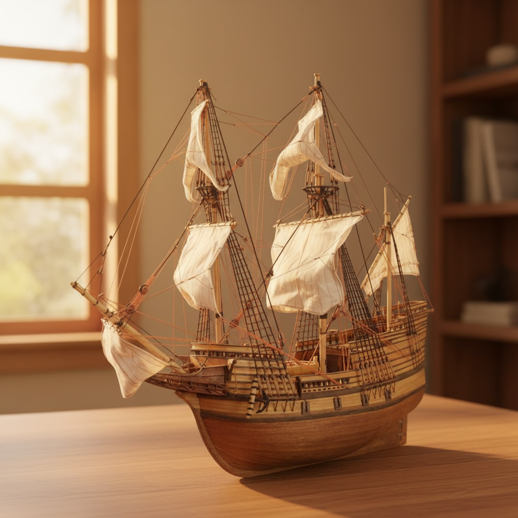 Mayflower 1620 wooden ship model kit displayed on a wooden desk in a warm home setting, 1:48 scale handcrafted sailing ship with white sails and detailed rigging