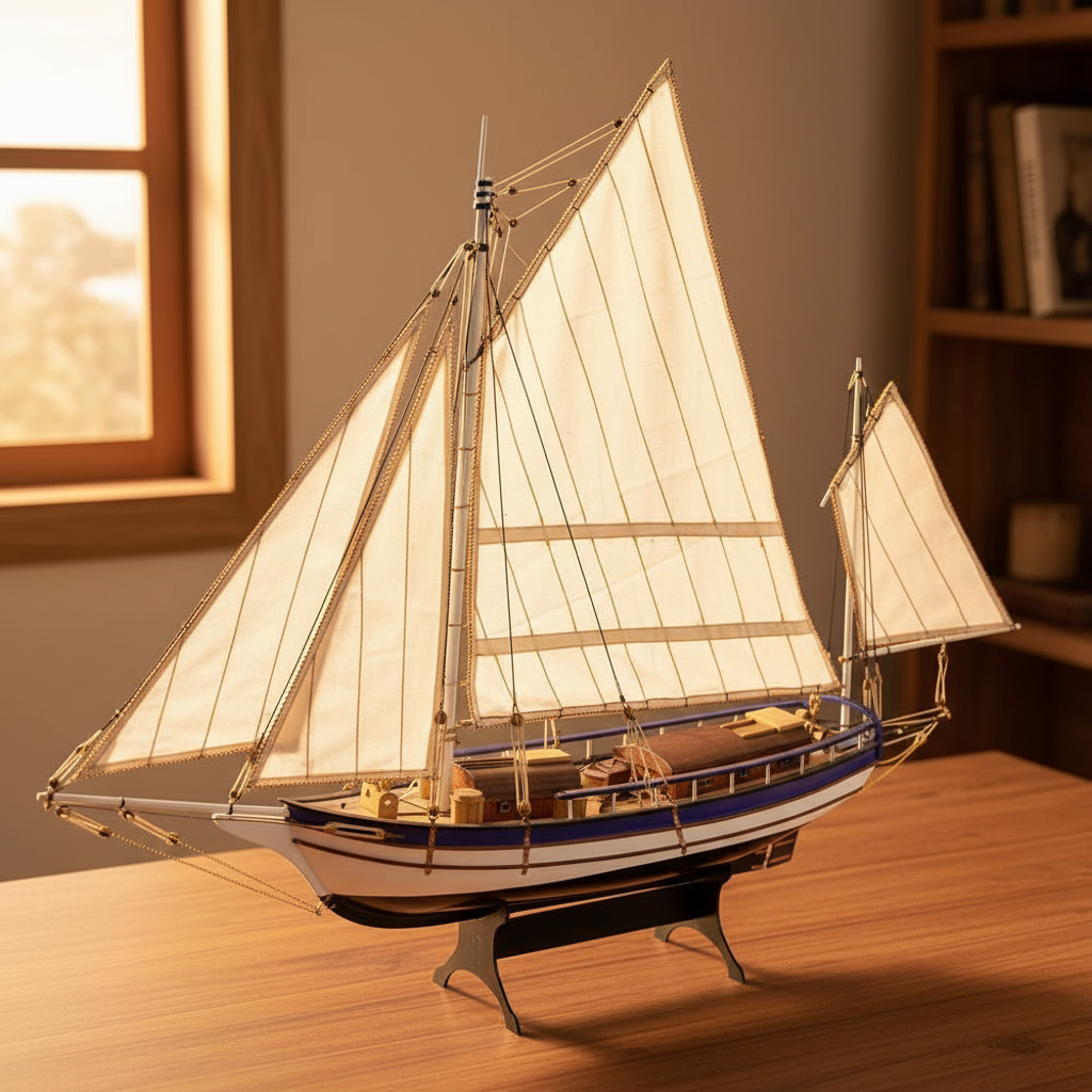 Spray Boston wooden sailboat model kit 1:30 scale displayed on warm wooden desk in home studio setting with natural light