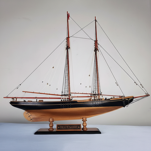 Bluenose wooden ship model kit 1:72 scale side profile view showing black hull natural wood planking twin masts white sails and rope rigging on display stand