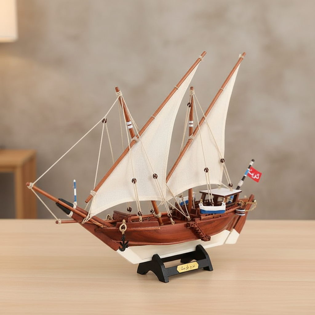 Handcrafted Kuwait Dhow wooden ship model displayed on a warm wooden desk in a home setting, white lateen sails, mahogany-toned hull, authentic rope rigging, black display stand with custom engraved nameplate, soft warm natural light