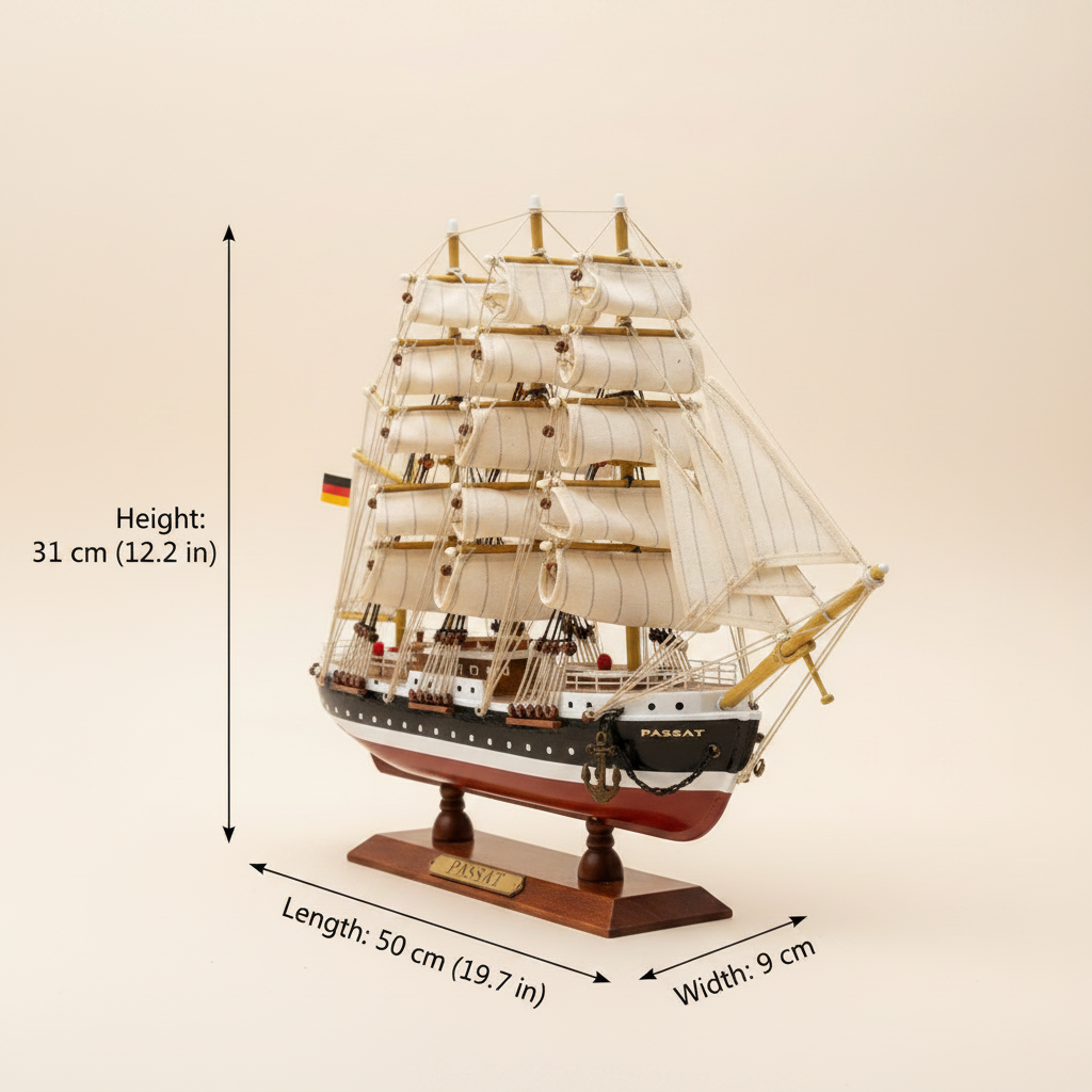 Passat wooden ship model dimension diagram showing length 50 cm (19.7 in), width 9 cm (3.5 in), height 31 cm (12.2 in), front 3/4 angle view on cream white background