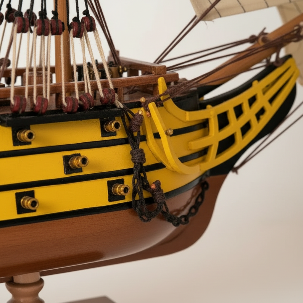 HMS Victory model close-up – hand-painted yellow-black gun ports brass cannons anchor chain carved bow rope rigging detail
