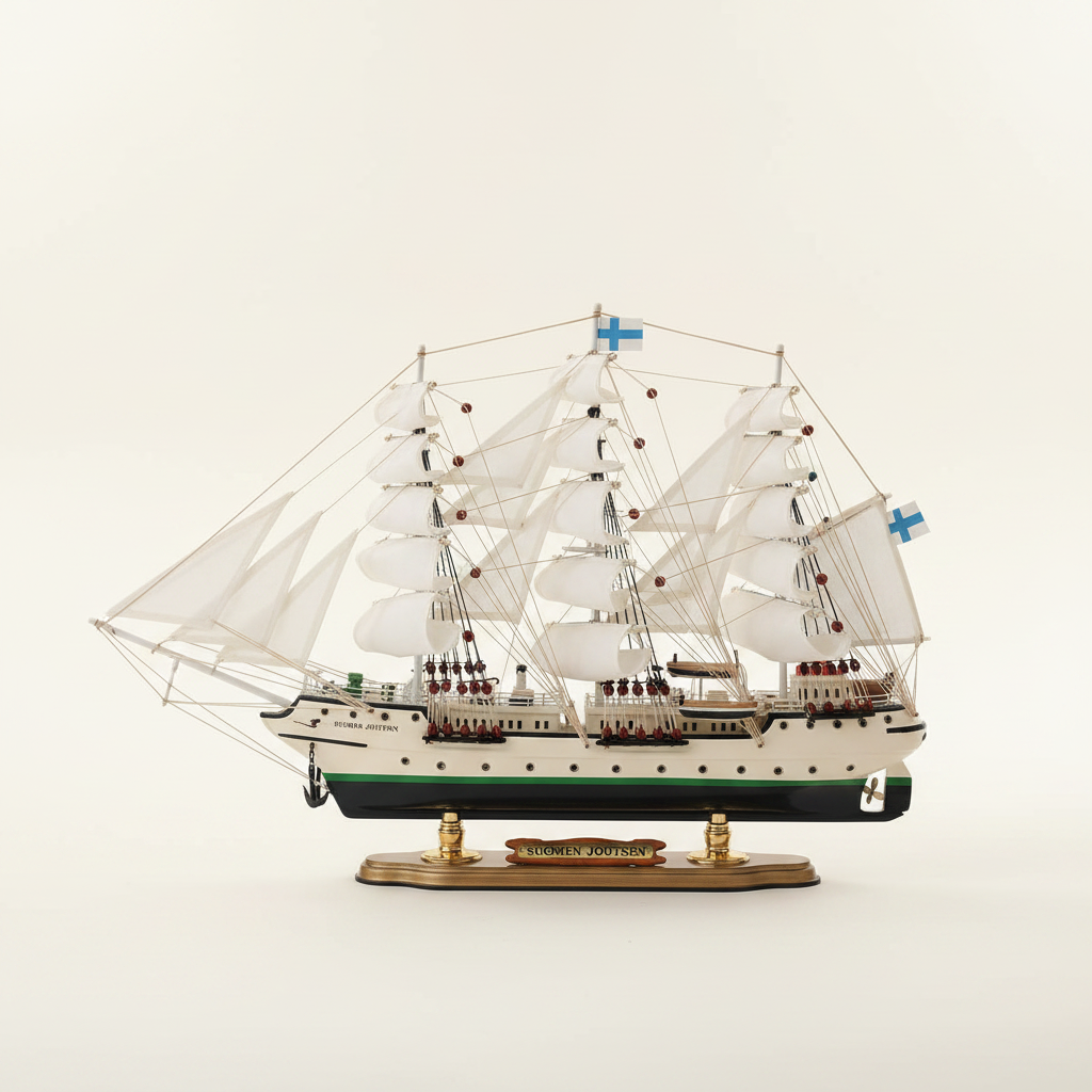 Suomen Joutsen Finnish tall ship model side profile – white hull with green stripe, three masts, full white sails, engraved nameplate base