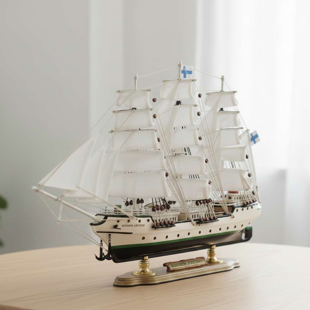 Suomen Joutsen Finnish tall ship wooden model on oak table in Scandinavian home – white sails, green-black hull, Finnish flag, display base
