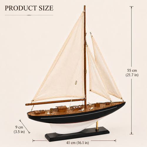  Product size chart for American single-mast wooden sailing yacht model – dimensions 41 cm L × 9 cm W × 55 cm H (16.1 in × 3.5 in × 21.7 in), side profile view on cream white background