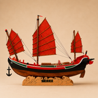 Vista lateral exacta de un modelo de junco mercante chino de madera sobre fondo crema, con silueta completa, tres velas rojas reforzadas, casco lacado negro con franjas roja y verde, ancla negra colgante, detalle de timón y base de madera tallada con olas