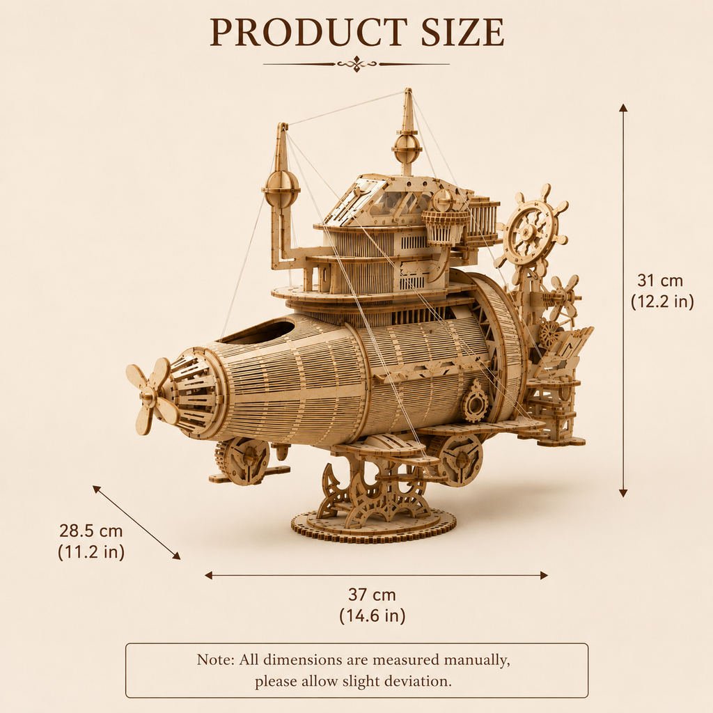 스팀펑크 잠수함 목제 모형 키트 — 치수 안내 이미지, 37 cm 길이 × 28.5 cm 폭 × 31 cm 높이 (14.6 in × 11.2 in × 12.2 in), 전면 3/4 시점, 크림색 배경, 치수 표기 포함