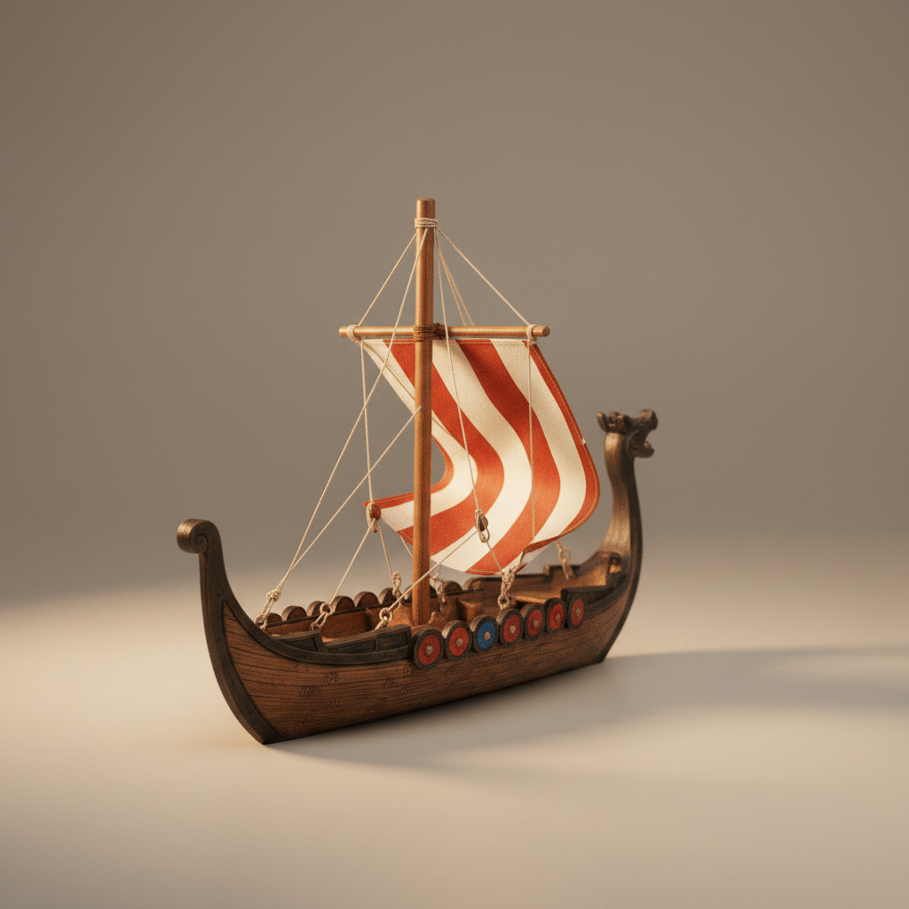 Viking longship resin ship model rear three-quarter view showing curved stern, rigging, and alternating shield detail