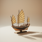 Handcrafted Chinese ocean-going junk ship model, front three-quarter view showing masts, battened sails, and carved hull