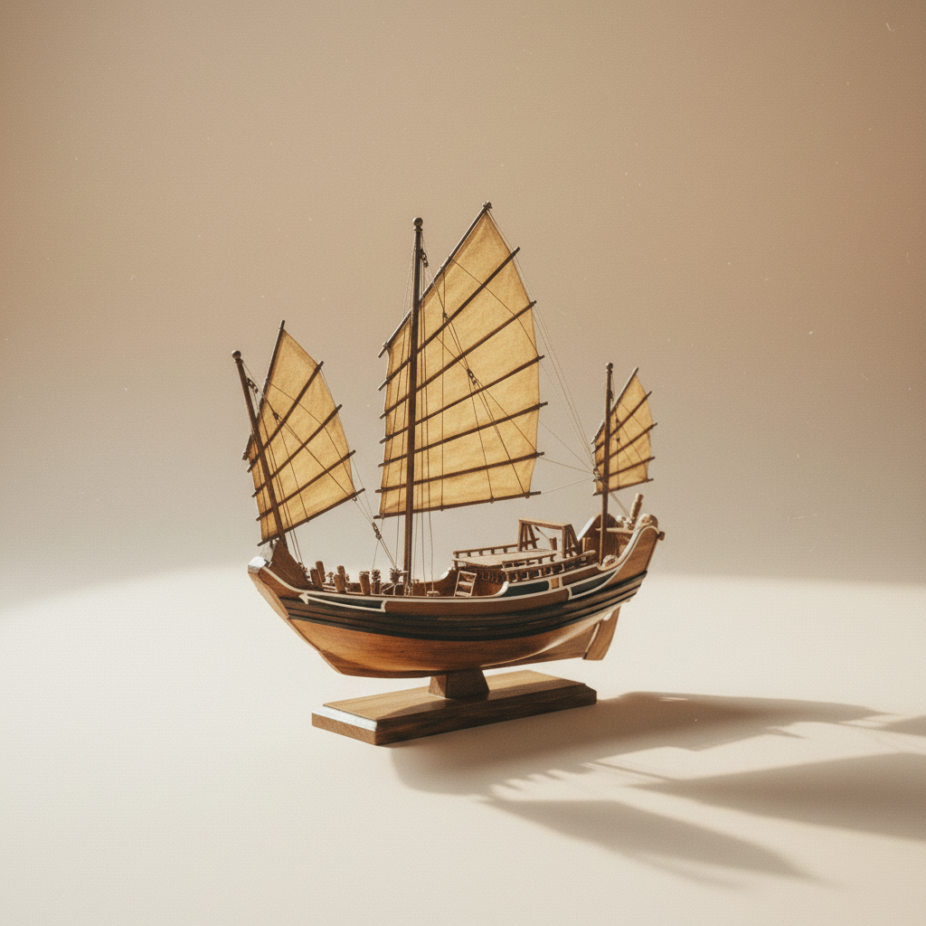 Handcrafted Chinese ocean-going junk ship model, front three-quarter view showing masts, battened sails, and carved hull