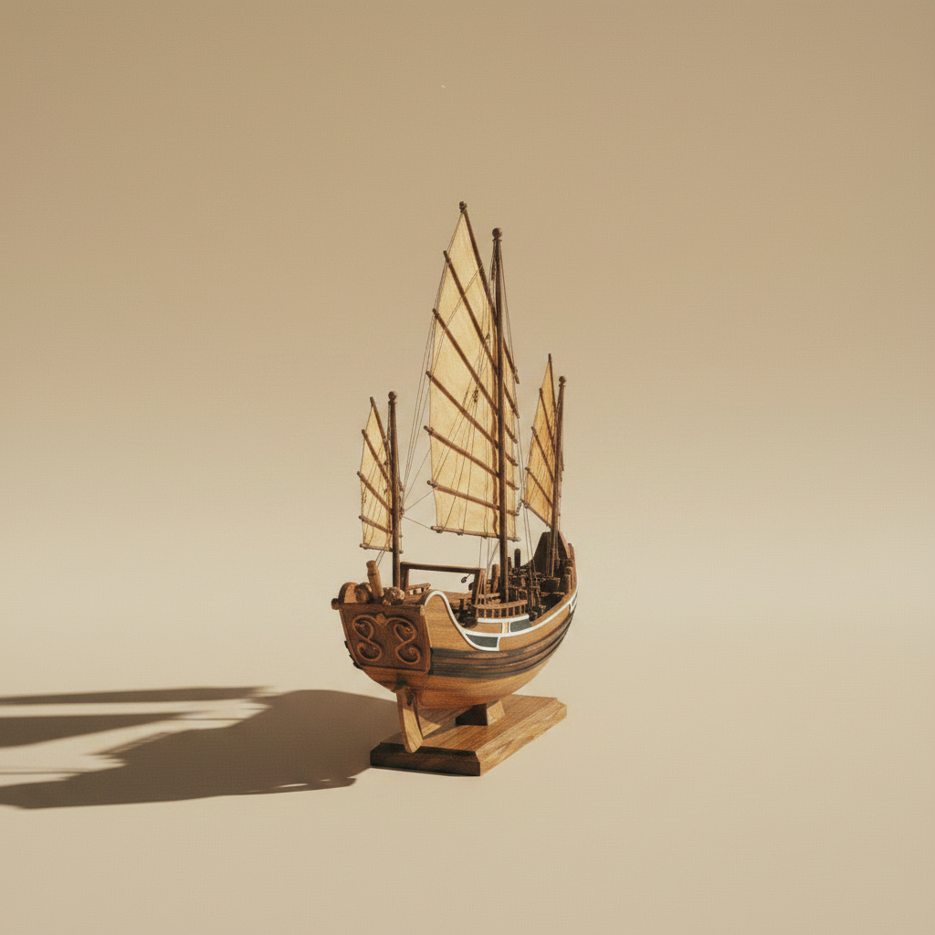 Handcrafted Chinese ocean-going junk ship model, rear three-quarter view showing stern, rigging, and hull detail