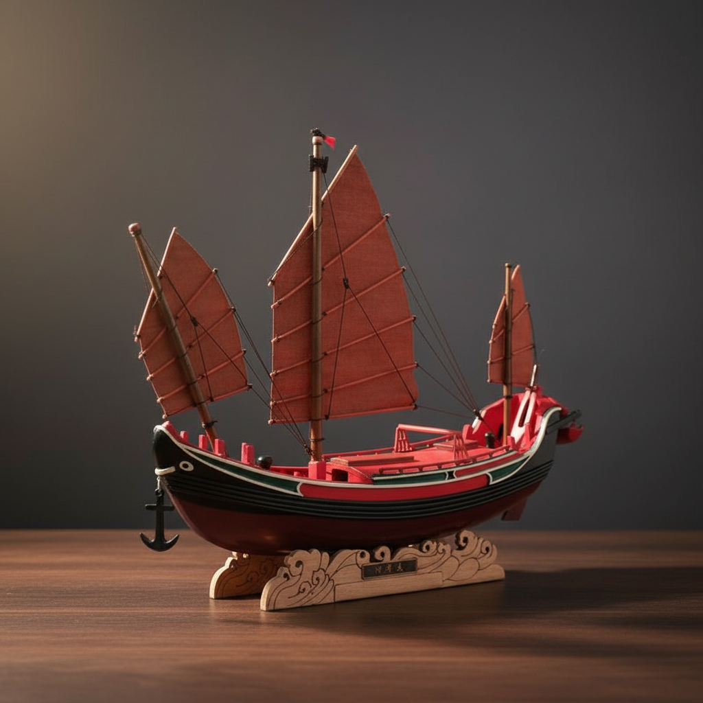 A decorative wooden Chinese junk model boat with reddish-brown sails, a red hull, and a carved light wood display stand, photographed on a tabletop against a dark gray studio background.