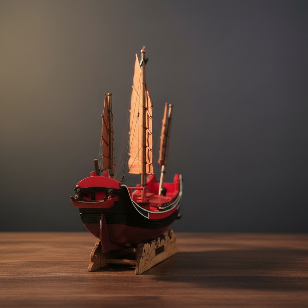 A miniature wooden model of a traditional Chinese junk ship with red hulls, beige sails, and a wooden display stand, set against a dark gray background on a wooden surface.