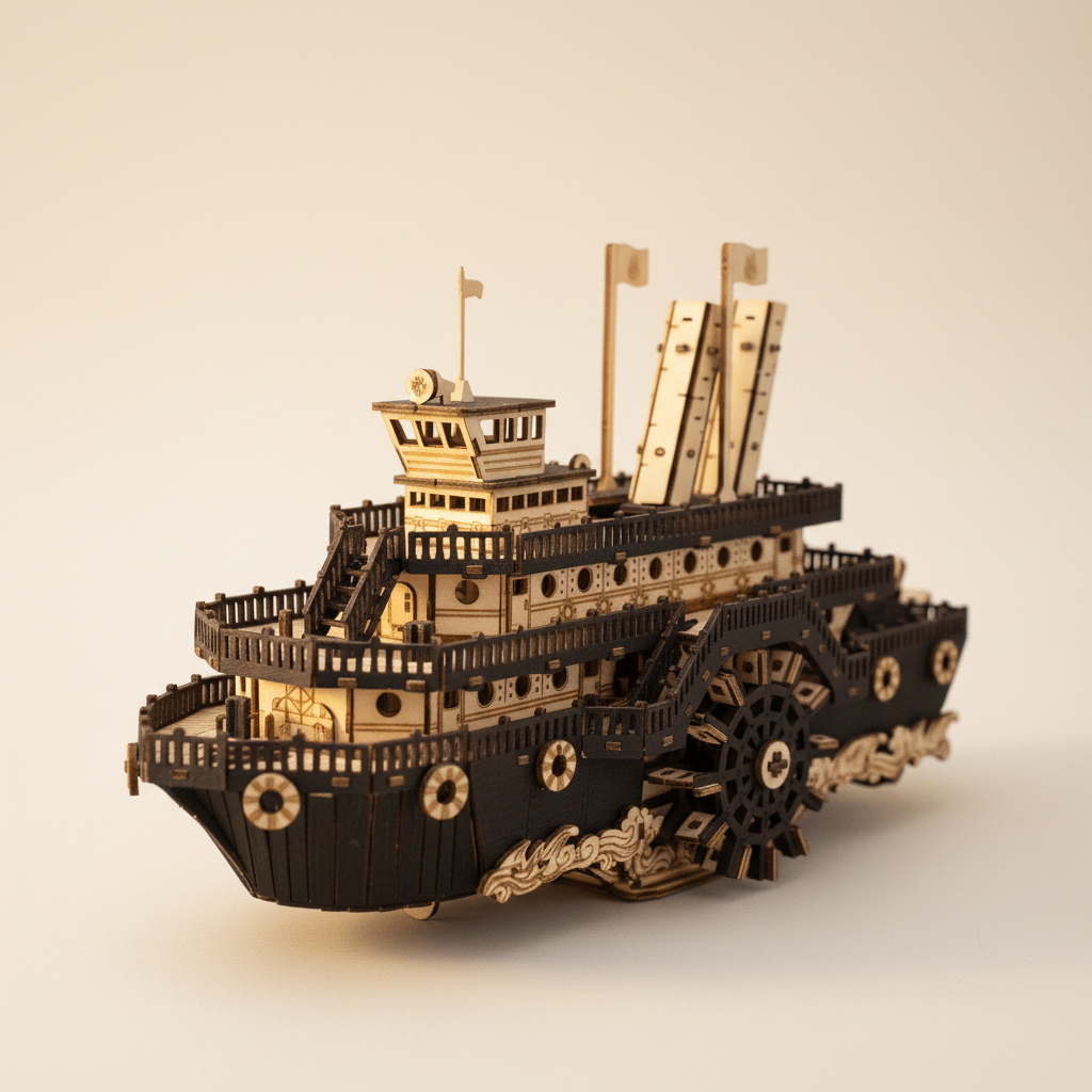 Kit de maqueta de madera de barco de vapor con rueda de paletas en vista frontal de tres cuartos, con casco bicolor negro y crema, rueda lateral, barandillas y escaleras de varias cubiertas, torre de control con bandera, tres paneles altos de vela en popa, fila de ojos de buey, proa ornamentada y fondo blanco crema