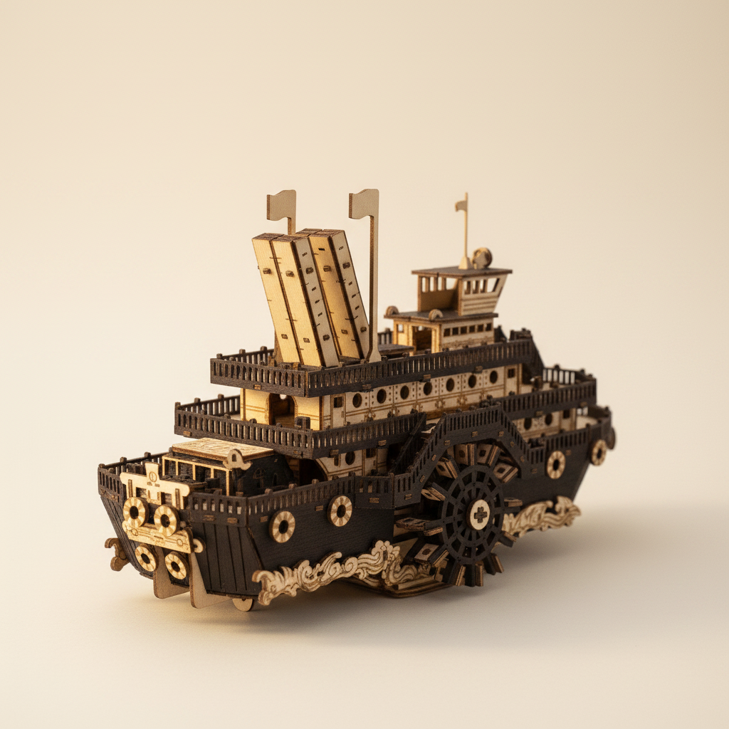 Kit de maqueta de madera de barco de vapor con rueda de paletas en vista posterior de tres cuartos, mostrando estructura de popa con tres paneles altos de vela, barandillas de cubierta trasera, rueda lateral y detalles del casco negro y crema sobre fondo blanco crema