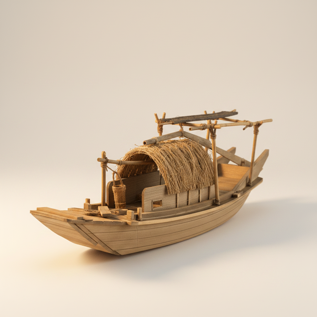 Modelo artesanal chino de barco pesquero en vista frontal de tres cuartos, con casco entablado de madera natural, techo de cabina de paja, bastidor superior de bambú con amarre de cuerda, cesta de mimbre colgante en la proa, cubiertas abiertas de proa y popa y fondo blanco crema