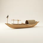 Modelo artesanal chino de barco de pesca con cormorán en vista frontal de tres cuartos, con casco entablado de madera clara natural, estructura de bambú en forma de T, figura de cormorán en el poste de proa, techo de cabina de estera tejida en popa, pequeño remo interior y fondo blanco crema