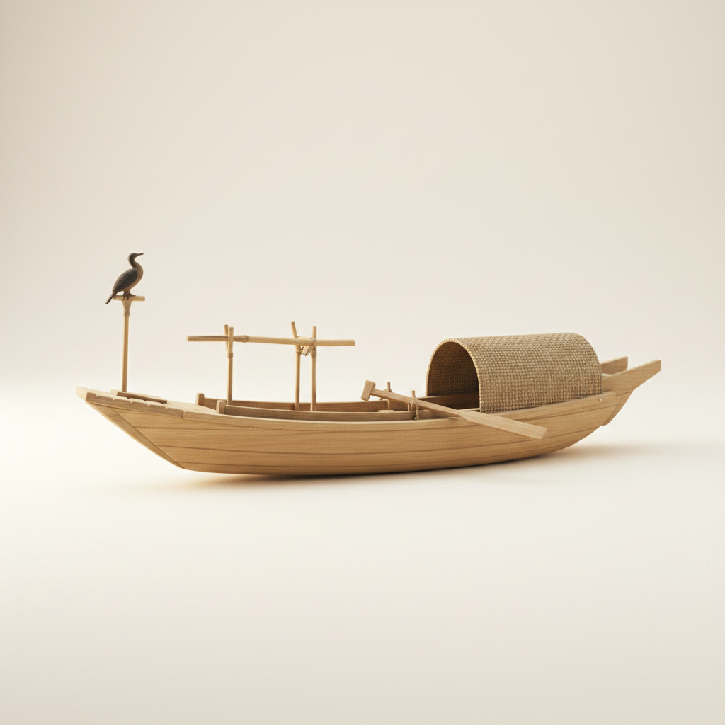 Modelo artesanal chino de barco de pesca con cormorán en vista frontal de tres cuartos, con casco entablado de madera clara natural, estructura de bambú en forma de T, figura de cormorán en el poste de proa, techo de cabina de estera tejida en popa, pequeño remo interior y fondo blanco crema