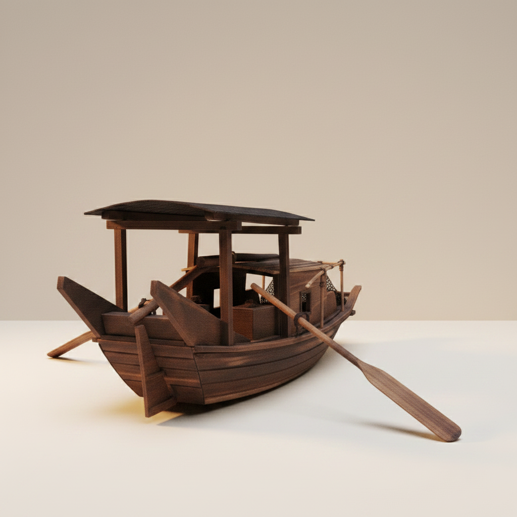 Modelo artesanal chino de barco pesquero en vista posterior de tres cuartos, mostrando popa con gran remo de madera, parte trasera del techo plano, estructura de bambú vista desde atrás y detalles del casco de madera oscura envejecida sobre fondo blanco crema