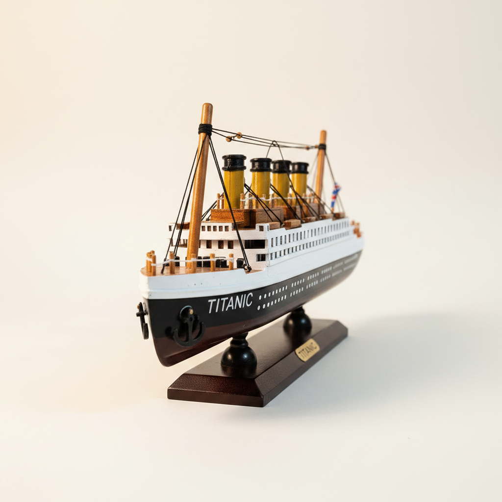 Modelo de madera del RMS Titanic en vista frontal de tres cuartos, mostrando proa con detalle de ancla y letras TITANIC, cuatro chimeneas amarillas con tapas negras, dos mástiles de madera con jarcia negra de alambre, barandillas blancas de cubierta superior y base de exhibición de madera oscura con placa TITANIC sobre fondo blanco crema