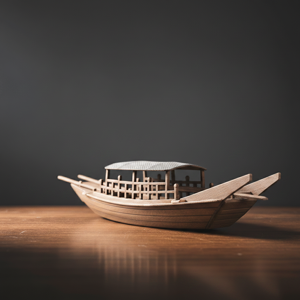 Handcrafted Chinese river boat model – rear 3/4 view showing lattice cabin, woven roof, and stern oars – Zhoushan workshop
