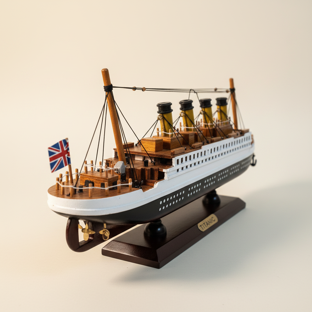Modelo de madera del RMS Titanic en vista posterior de tres cuartos, mostrando popa con bandera Union Jack, mástil trasero, cuarta chimenea, cubierta superior blanca, casco negro y base de exhibición de madera oscura sobre fondo blanco crema